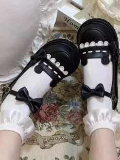 Escarpins plats Lolita gothiques à plateforme en cuir PU noir avec n艙uds