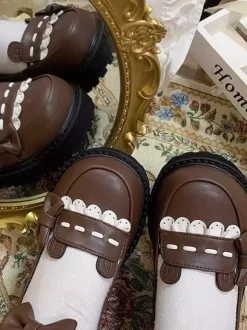 Escarpins plats Lolita gothiques à plateforme en cuir PU noir avec n艙uds