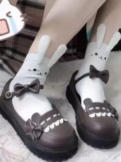 Escarpins plats Lolita gothiques à plateforme en cuir PU noir avec n艙uds