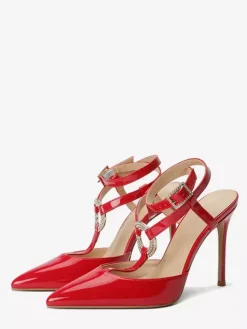 Escarpins rouges à talons hauts et bout pointu avec strass et brides pour femmes