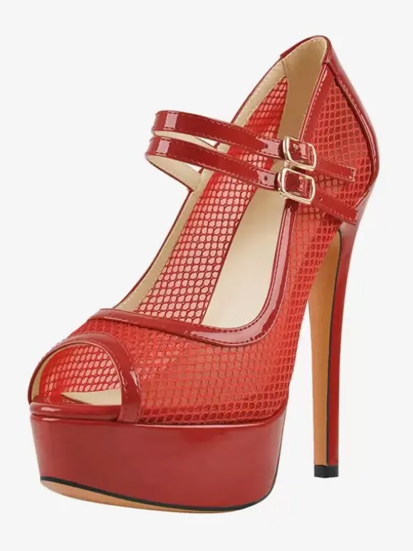 Escarpins sexy à talons hauts en maille avec sangle à bout ouvert et boucle réglable