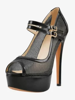 Escarpins sexy à talons hauts en maille avec sangle à bout ouvert et boucle réglable