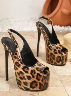 Escarpins sexy à talons hauts plateforme bout ouvert imprimé léopard bride arrière