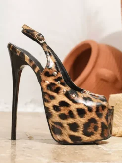 Escarpins sexy à talons hauts plateforme bout ouvert imprimé léopard bride arrière