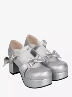 Escarpins Sweet Lolita argentés à bout rond et n艙ud papillon en cuir PU chaussures tendance Kawaii
