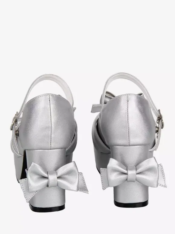 Escarpins Sweet Lolita argentés à bout rond et n艙ud papillon en cuir PU chaussures tendance Kawaii