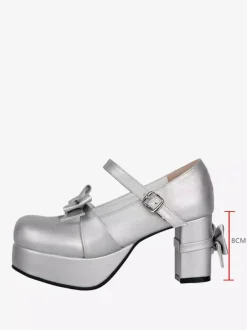 Escarpins Sweet Lolita argentés à bout rond et n艙ud papillon en cuir PU chaussures tendance Kawaii