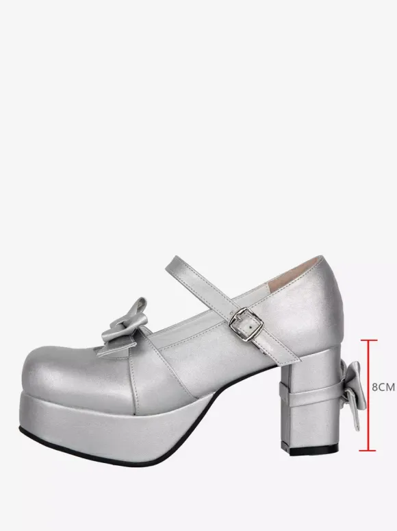 Escarpins Sweet Lolita argentés à bout rond et n艙ud papillon en cuir PU chaussures tendance Kawaii
