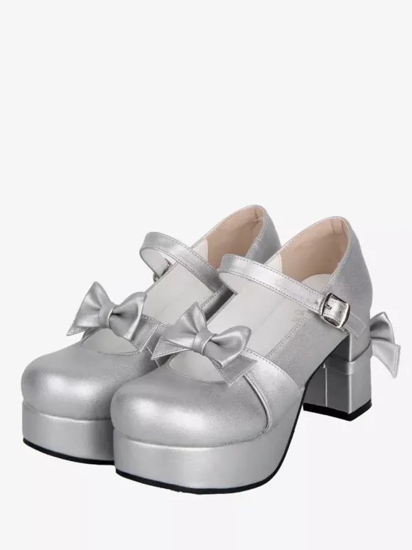 Escarpins Sweet Lolita argentés à bout rond et n艙ud papillon en cuir PU chaussures tendance Kawaii