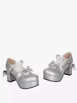 Escarpins Sweet Lolita argentés à bout rond et n艙ud papillon en cuir PU chaussures tendance Kawaii