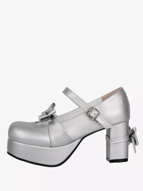 Escarpins Sweet Lolita argentés à bout rond et n艙ud papillon en cuir PU chaussures tendance Kawaii