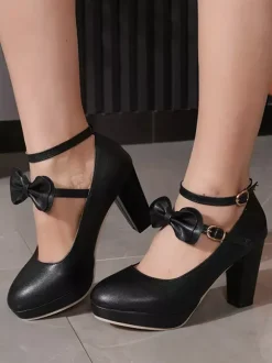 Escarpins Sweet Lolita Mary Jane à talons compensés en cuir PU et n艙uds blancs