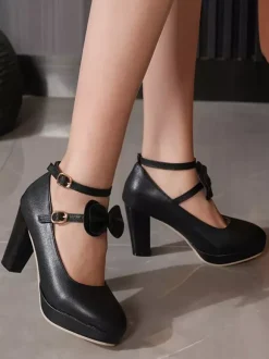 Escarpins Sweet Lolita Mary Jane à talons compensés en cuir PU et n艙uds blancs