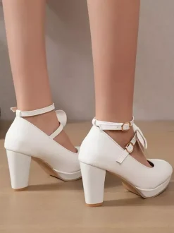 Escarpins Sweet Lolita Mary Jane à talons compensés en cuir PU et n艙uds blancs