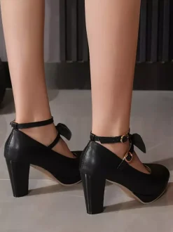 Escarpins Sweet Lolita Mary Jane à talons compensés en cuir PU et n艙uds blancs