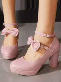 Escarpins Sweet Lolita Mary Jane à talons compensés en cuir PU et n艙uds blancs