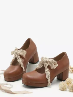 Escarpins Sweet Lolita Mary Jane à n艙uds violets bride en dentelle talon compensé en cuir verni