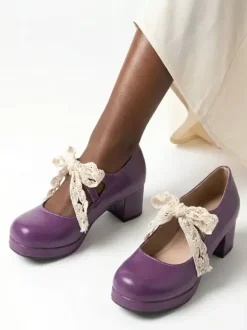 Escarpins Sweet Lolita Mary Jane à n艙uds violets bride en dentelle talon compensé en cuir verni