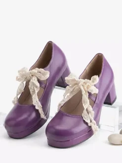 Escarpins Sweet Lolita Mary Jane à n艙uds violets bride en dentelle talon compensé en cuir verni