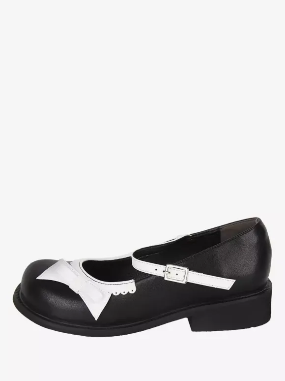 Escarpins Sweet Lolita noirs plats en cuir PU avec n艙ud et n艙ud papillon chaussures tendance Kawaii