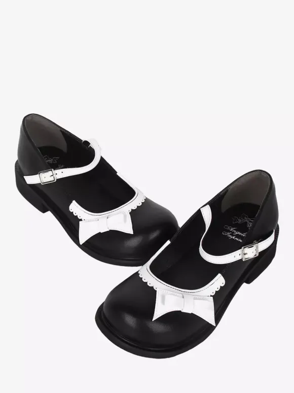 Escarpins Sweet Lolita noirs plats en cuir PU avec n艙ud et n艙ud papillon chaussures tendance Kawaii
