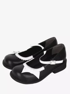 Escarpins Sweet Lolita noirs plats en cuir PU avec n艙ud et n艙ud papillon chaussures tendance Kawaii
