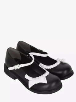 Escarpins Sweet Lolita noirs plats en cuir PU avec n艙ud et n艙ud papillon chaussures tendance Kawaii