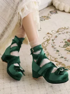 Escarpins Sweet Lolita à n艙uds noirs en velours côtelé et talons compensés