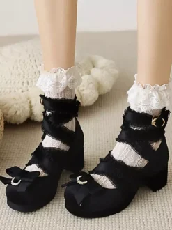 Escarpins Sweet Lolita à n艙uds noirs en velours côtelé et talons compensés