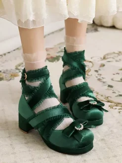 Escarpins Sweet Lolita à n艙uds noirs en velours côtelé et talons compensés