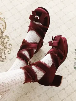Escarpins Sweet Lolita à n艙uds noirs en velours côtelé et talons compensés