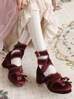 Escarpins Sweet Lolita à n艙uds noirs en velours côtelé et talons compensés