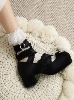 Escarpins Sweet Lolita à n艙uds noirs en velours côtelé et talons compensés