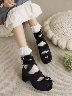 Escarpins Sweet Lolita à n艙uds noirs en velours côtelé et talons compensés