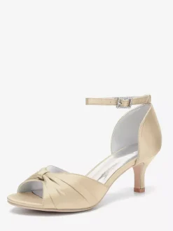 Escarpins à talon chaton en satin pour femmes chaussures de mariée à bout ouvert et bride à la cheville froncée