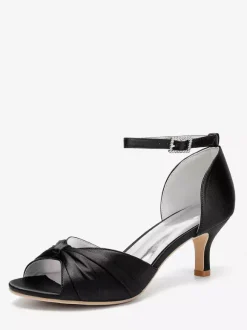 Escarpins à talon chaton en satin pour femmes chaussures de mariée à bout ouvert et bride à la cheville froncée