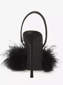 Escarpins à talons hauts en satin et fausses plumes à bout pointu pour femmes