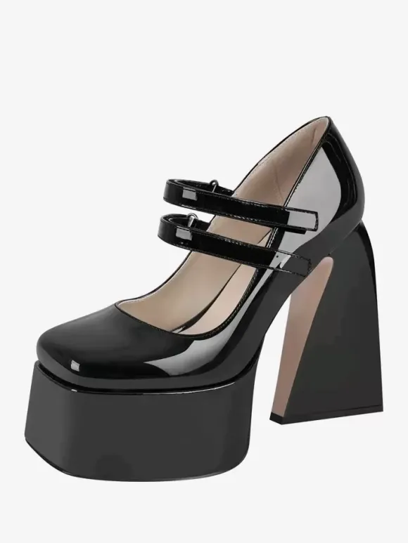 Escarpins à talons hauts femmes chaussures à boucle chics bout carré talon épais cuir PU