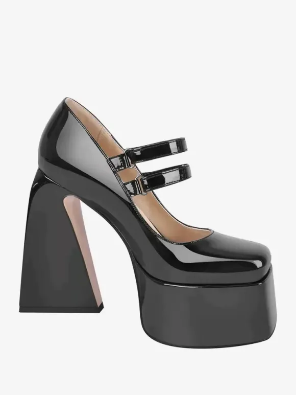 Escarpins à talons hauts femmes chaussures à boucle chics bout carré talon épais cuir PU
