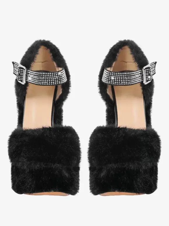 Escarpins à talons hauts pour femmes fausse fourrure talons épais cuir PU