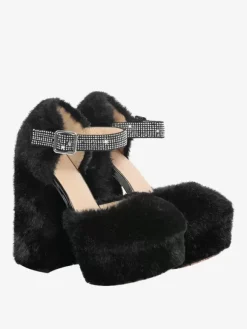 Escarpins à talons hauts pour femmes fausse fourrure talons épais cuir PU