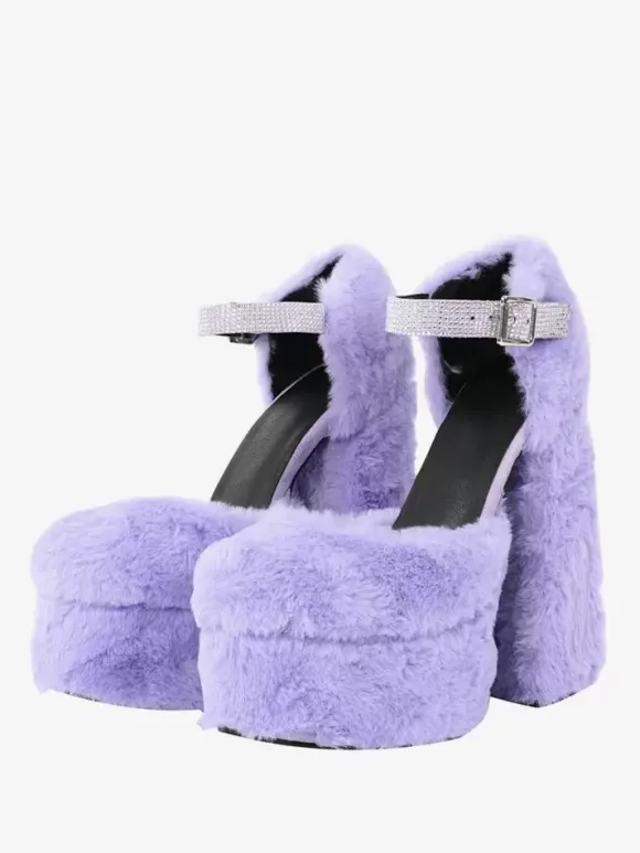 Escarpins à talons hauts pour femmes fausse fourrure talons épais cuir PU