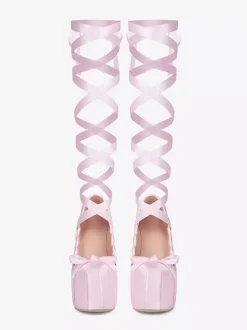 Escarpins à talons hauts roses à plateforme et bout rond avec n艙ud Lolita et lacets