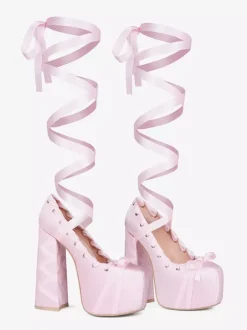 Escarpins à talons hauts roses à plateforme et bout rond avec n艙ud Lolita et lacets