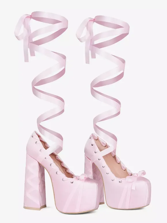 Escarpins à talons hauts roses à plateforme et bout rond avec n艙ud Lolita et lacets
