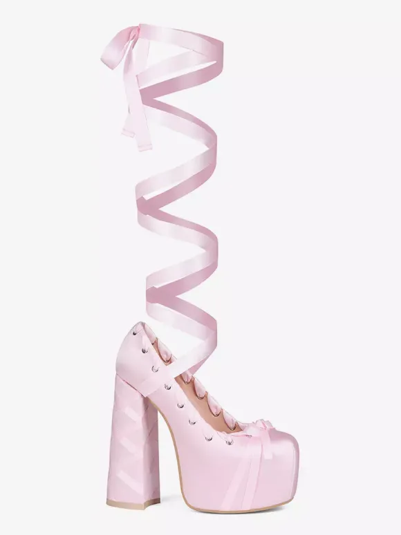 Escarpins à talons hauts roses à plateforme et bout rond avec n艙ud Lolita et lacets