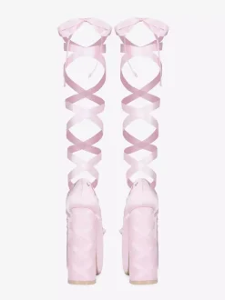 Escarpins à talons hauts roses à plateforme et bout rond avec n艙ud Lolita et lacets