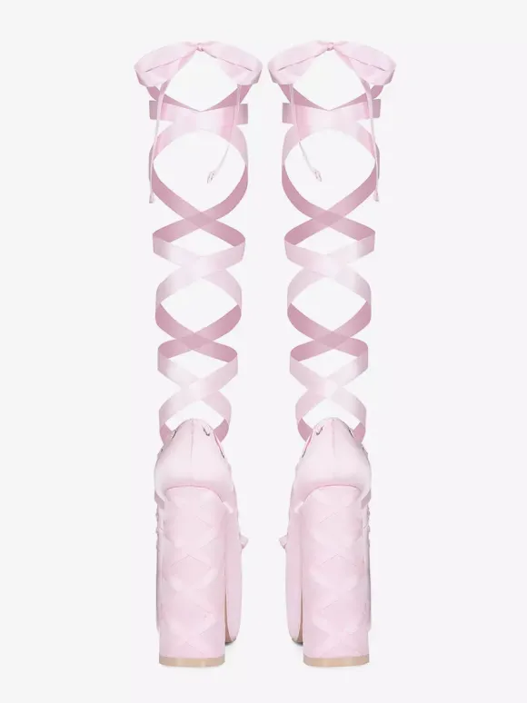 Escarpins à talons hauts roses à plateforme et bout rond avec n艙ud Lolita et lacets