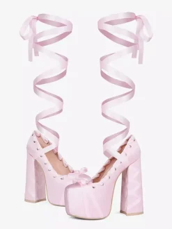 Escarpins à talons hauts roses à plateforme et bout rond avec n艙ud Lolita et lacets