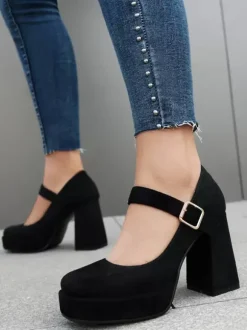 Escarpins À Talons Épais Bout Carré Avec Détails En Métal Chaussures Femmes